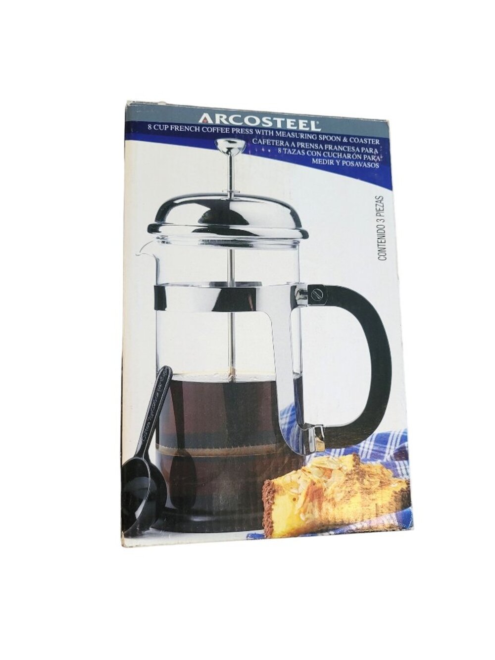 Arcosteel Coffee French Press Glass and Silver 8 Cup with Coaster NIB DH638
